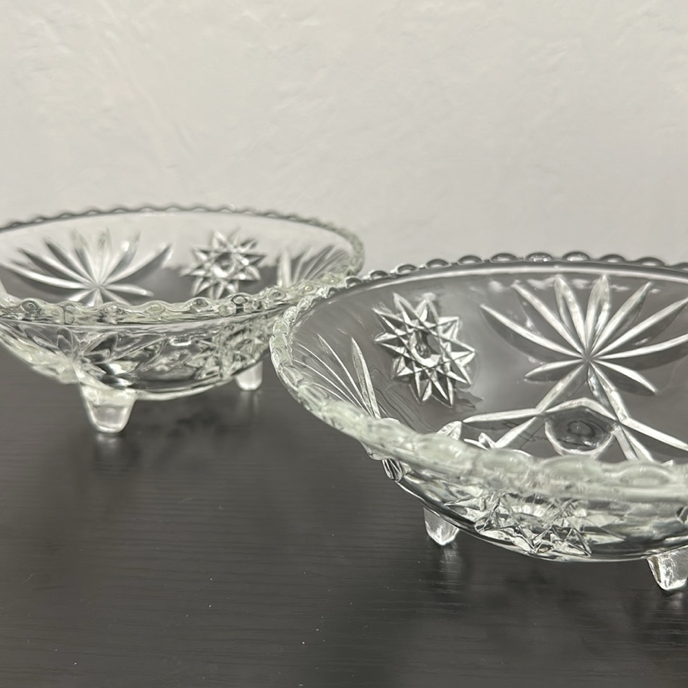 2 Prescut Clear Vintage Anchor Hocking Bon Bon Footed Candy Bowls